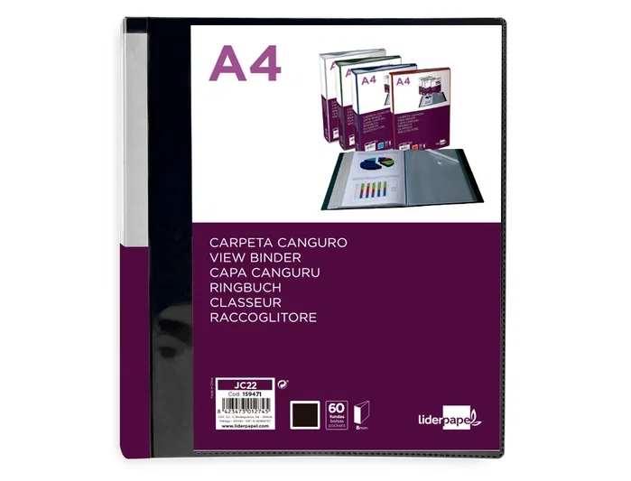 Liderpapel Carpeta 60 Fundas Canguro PP DIN A4 Negro Opaco Portada y Lomo Personalizable