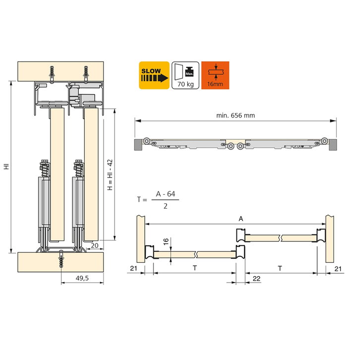 Emuca Kit de herrajes para armario de 2 puertas correderas y cierre suave Placard 81, perfil Wave, espesor 16mm, tableros no incluidos, Anodizado mate