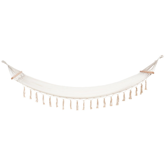Outfit Hamaca de Polialgodón Blanca con Flecos 200x80 cm y Barra de Madera