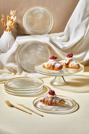 Hermia Set de Platos de Postre de Vidrio Transparente 21 cm, Soporte 28 cm