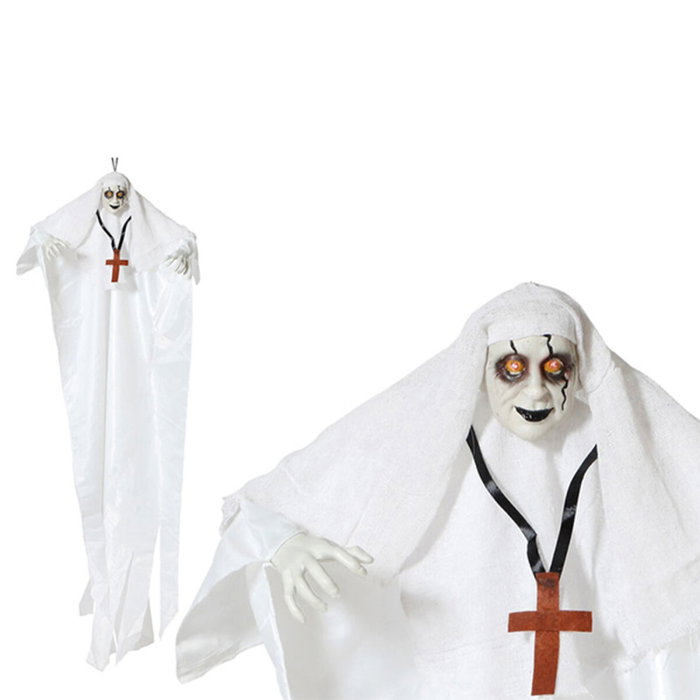 Dark Decór Figura Decorativa Colgante Monja Diabólica Blanca con Cruz y Ojos con Luz LED - 137 cm