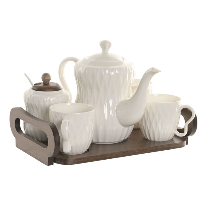 DKD Home Decor Set de Café de 6 Piezas de Porcelana y Bambú Blanco DKD Home Decor Set de Café de 6 Piezas de Porcelana y Bambú Blanco