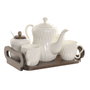 DKD Home Decor Set de Café de 6 Piezas de Porcelana y Bambú Blanco