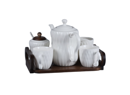 DKD Home Decor Set de Café de 6 Piezas de Porcelana y Bambú Blanco