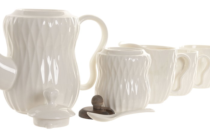 DKD Home Decor Tazas de Café Porcelana Bambú Blanco Marrón Oscuro 20 x 19 x 28 cm Set de 6