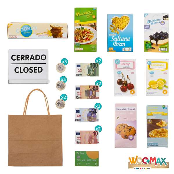 Woomax Supermercado de Madera con 25 Accesorios y Caja Registradora Eléctrica 48x30xh70 cm