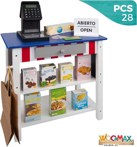 Woomax Supermercado de Madera con 25 Accesorios y Caja Registradora Eléctrica 48x30xh70 cm
