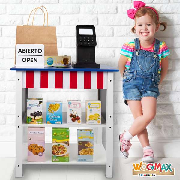 Woomax Supermercado de Madera con 25 Accesorios y Caja Registradora Eléctrica 48x30xh70 cm