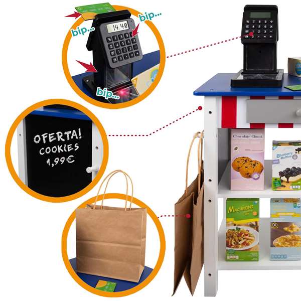 Woomax Supermercado de Madera con 25 Accesorios y Caja Registradora Eléctrica 48x30xh70 cm