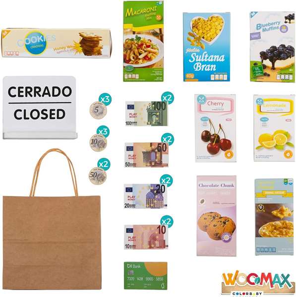 Woomax Supermercado de Madera con 25 Accesorios y Caja Registradora Eléctrica 48x30xh70 cm