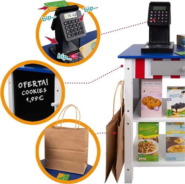 Woomax Supermercado de Madera con 25 Accesorios y Caja Registradora Eléctrica 48x30xh70 cm