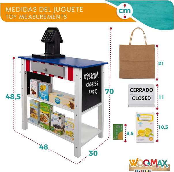Woomax Supermercado de Madera con 25 Accesorios y Caja Registradora Eléctrica 48x30xh70 cm