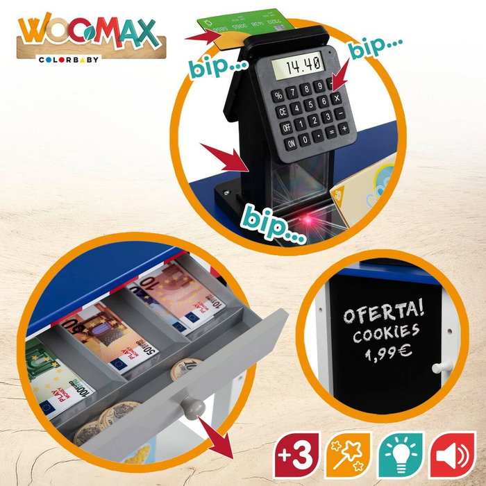 Color Baby Supermercado de madera Woomax con 25 accesorios y caja registradora eléctrica