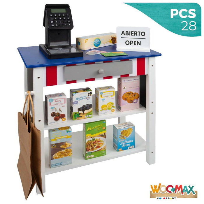 Color Baby Supermercado de madera Woomax con 25 accesorios y caja registradora eléctrica