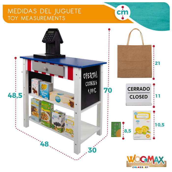 WOOMAX Supermercado de madera con accesorios y caja registradora WOOMAX Supermercado de madera con accesorios y caja registradora
