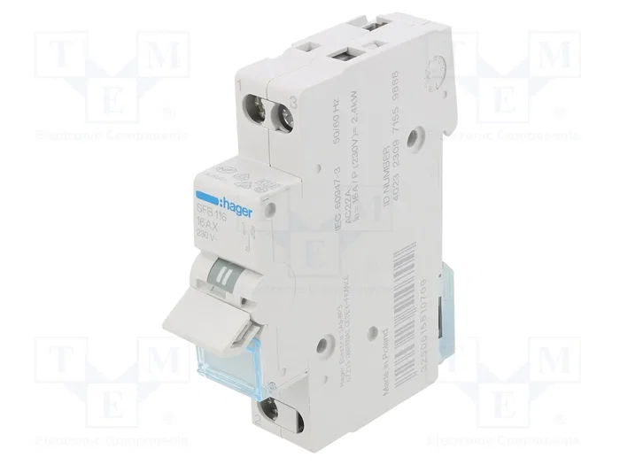 HAGER Interruptor de grúa SFB116 1 polo 230VAC 16A HAGER Interruptor de grúa SFB116 1 polo 230VAC 16A