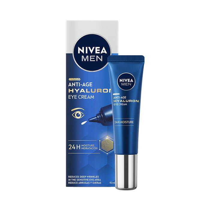 Nivea Men Contorno de Ojos Anti-Edad con Ácido Hialurónico, 15 ml - Crema para Ojeras y Arrugas, 24h Hidratación