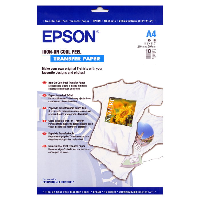 Epson Papel de transferencia térmica para camisetas A4, 10 hojas, S041154