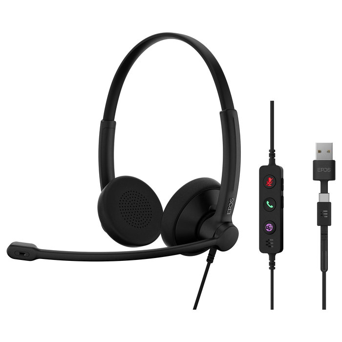 EPOS Impact 100 MS Auriculares Stereo USB-C/USB-A para Oficina y Microsoft Teams, Cancelación de Ruido de Micrófono, Diadema Supraaural Negra, 76 g