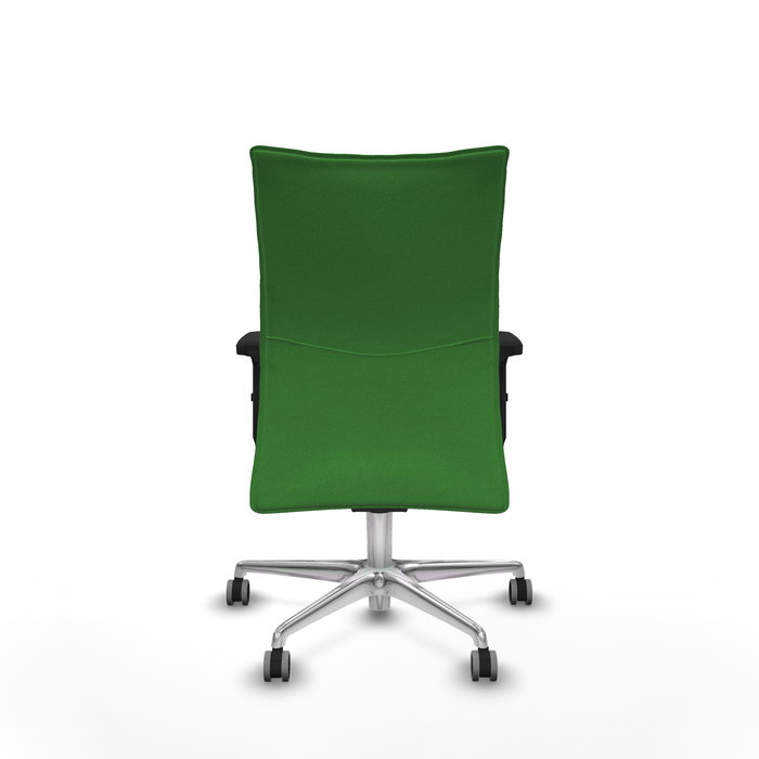 Silla Albacete confidente con mecanismo Sincro tapizada con Tela color Verde. Equipada con Base aluminio, Brazos 2D y Ruedas 65 mm parqué