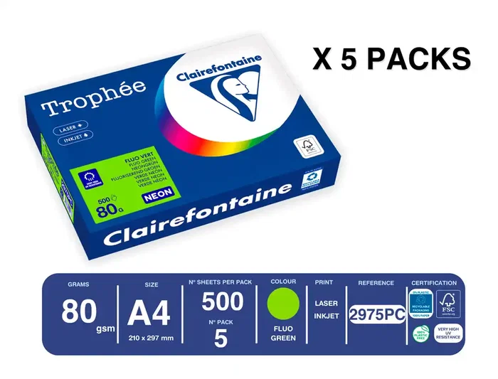 Trophee Papel Color A4 80gr Verde Neon Paquete de 500 Hojas