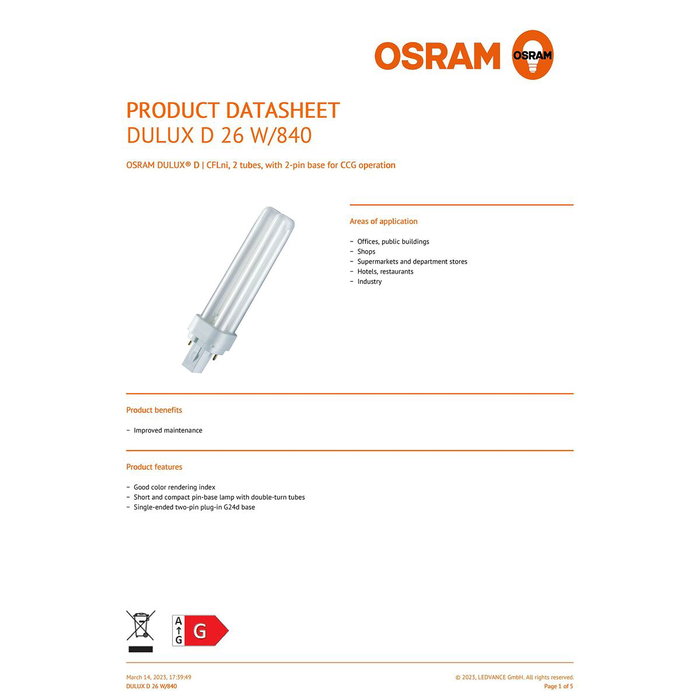 Osram DULUX D 26W/840 G24D-3 FS1 Blanco frío Osram DULUX D 26W/840 G24D-3 FS1 Blanco frío