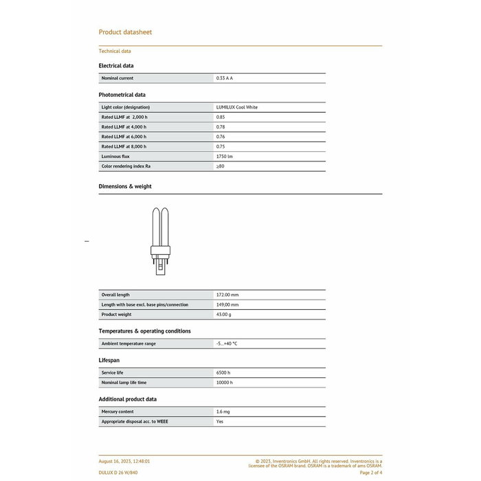 Osram DULUX D 26W/840 G24D-3 FS1 Blanco frío Osram DULUX D 26W/840 G24D-3 FS1 Blanco frío