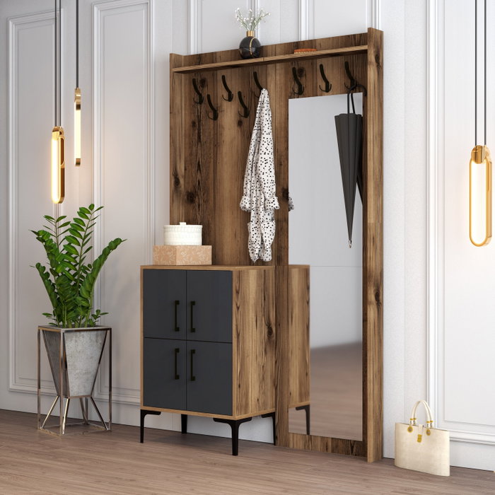 Hanah Home Recibidor Berlin BC Nogal y Antracita con Perchero y Estantes 120x200x35 cm