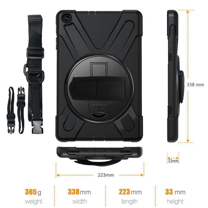 eSTUFF Funda Antichoque Defender para Samsung Galaxy Tab A 10.1 (2019) AUSTIN - Negro, con correa y soporte giratorio 360°, sin protector de pantalla