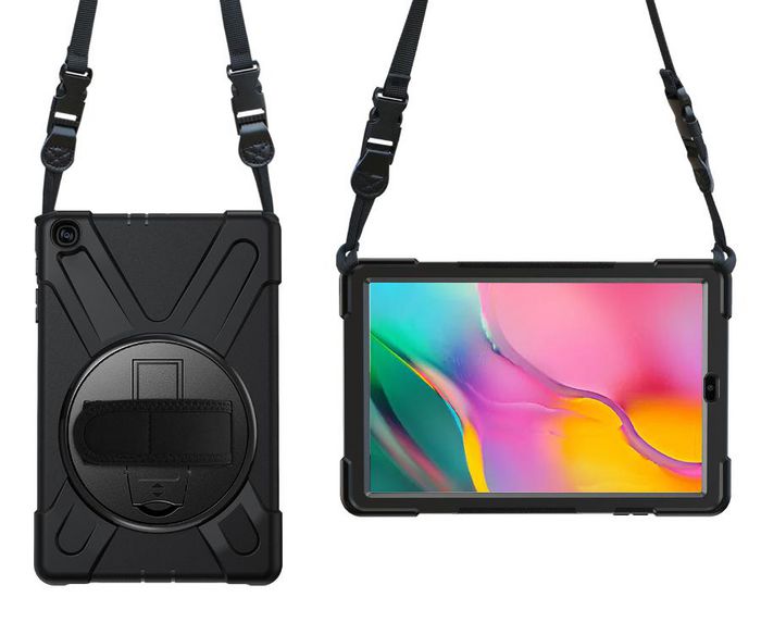 eSTUFF Funda Antichoque Defender para Samsung Galaxy Tab A 10.1 (2019) AUSTIN - Negro, con correa y soporte giratorio 360°, sin protector de pantalla