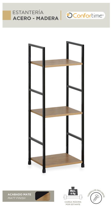 Confortime Estanteria 3 Niveles Metal-Madera Negra 25 cm Ancho x 5.5 cm Largo x 84.5 cm Alto (2 Unidades)