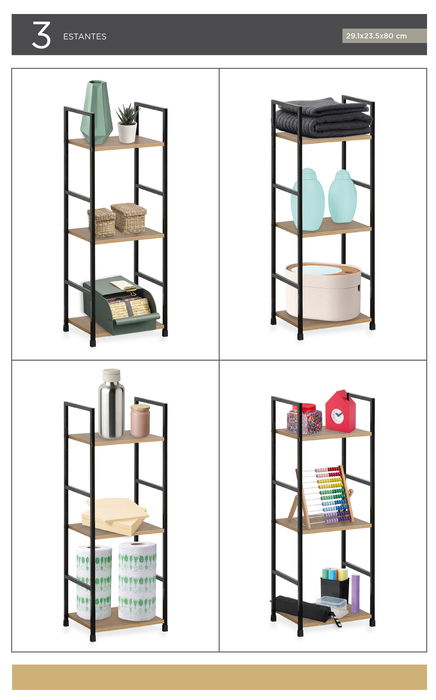 Confortime Estanteria 3 Niveles Metal-Madera Negra 25 cm Ancho x 5.5 cm Largo x 84.5 cm Alto (2 Unidades)