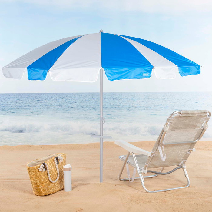 Aktive Sombrilla de playa 220 cm azul y blanco con espiral de anclaje