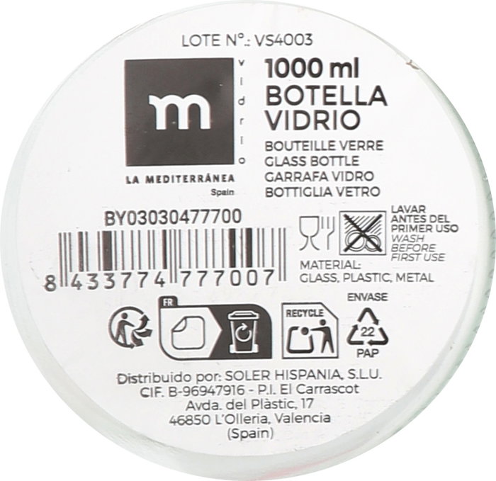 La Mediterranea Botella de 1000 ml con Tapón Hermético (Pack de 12)
