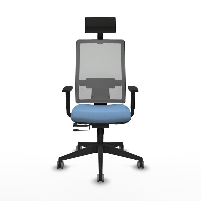 Silla de oficina Horna con mecanismo Sincro/Traslack tapizada con Tela color Azul cielo y malla color Gris. Equipada con lumbar 1D, Brazos 1D, Cabecero Fijo y Ruedas 65 mm parqué