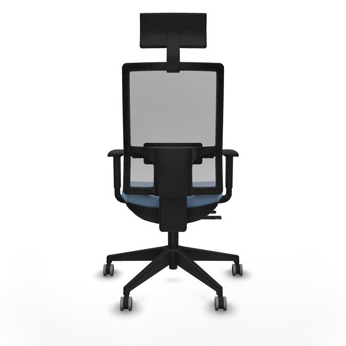 Silla de oficina Horna con mecanismo Sincro/Traslack tapizada con Tela color Azul cielo y malla color Gris. Equipada con lumbar 1D, Brazos 1D, Cabecero Fijo y Ruedas 65 mm parqué