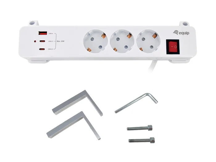 Equip Regleta 245556 con 3 Tomas Schuko, 2xUSB-C y 1xUSB-A, Blanco