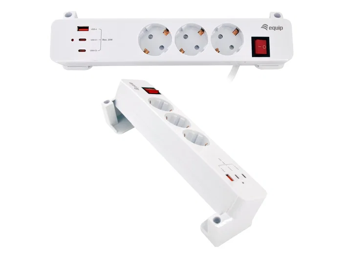 Equip Regleta 245556 con 3 Tomas Schuko, 2xUSB-C y 1xUSB-A, Blanco