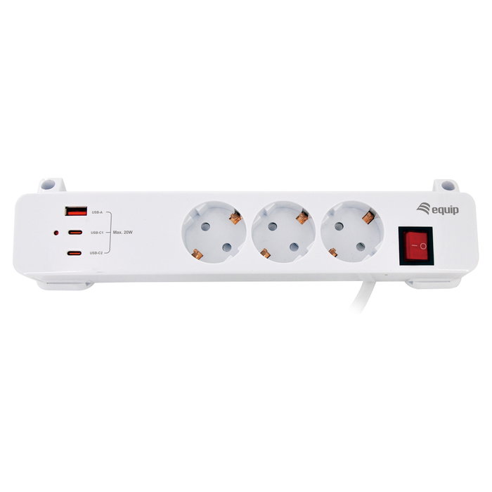 Equip Regleta 245556 con 3 Tomas Schuko, 2xUSB-C y 1xUSB-A, Blanco
