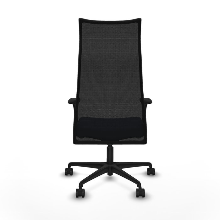 Sillón Albacete con mecanismo Sincro tapizada con Similpiel color Azul marino y malla color Negro. Equipado con Base nailon negra, Brazos 1D y Ruedas 65mm nailon