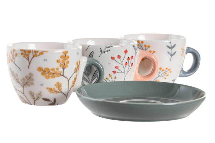 DKD Home Decor Set de Café de Porcelana Floral Rosa Palo