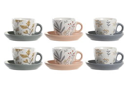 DKD Home Decor Set de Café de Porcelana Floral Rosa Palo