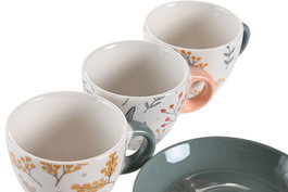 DKD Home Decor Café Set de 6 piezas Rosa Palo Azul Gris Porcelana Floral 11 x 2 x 11 cm Capacidad 90ml Apto para Lavavajillas