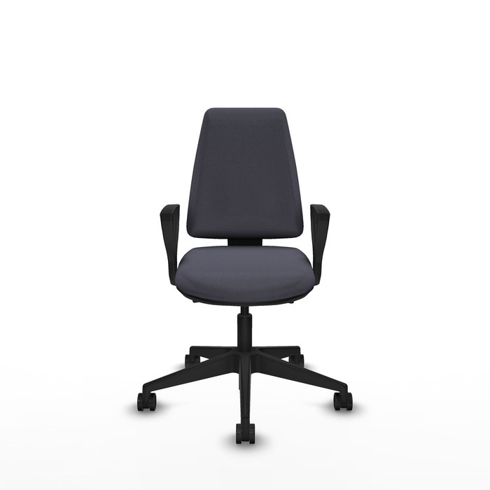 Silla de oficina Elche con mecanismo Asincro tapizada con Tela color Gris oscuro. Equipada con Base piramidal negra, Brazos fijos y Ruedas 65mm nailon