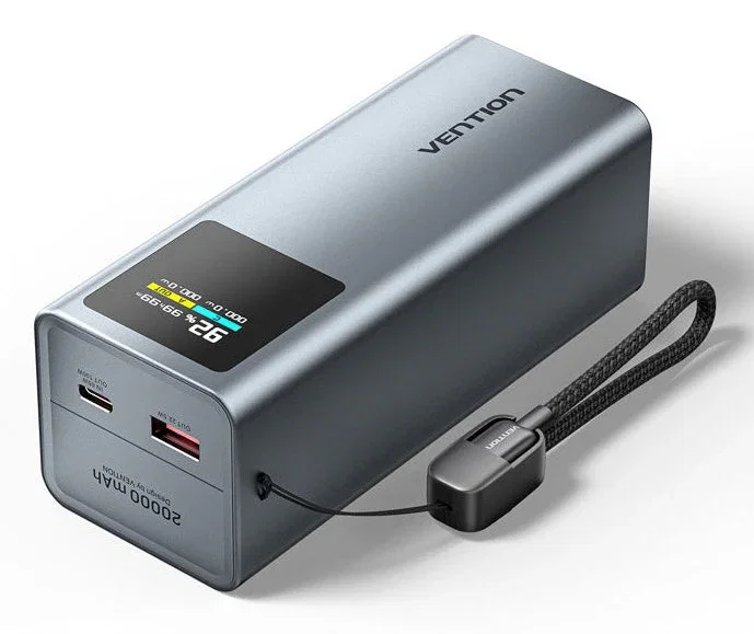 Vention Power Bank 20000mAh 100W Modelo FKC Gris con Pantalla TFT, Carga Rápida USB-C PD 3.0 y USB-A, Incluye Cable