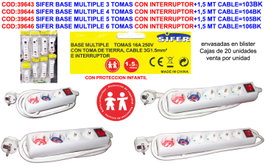 SIFER Prolongador Base de 6 Tomas con Interruptor y Cable de 1,5 m