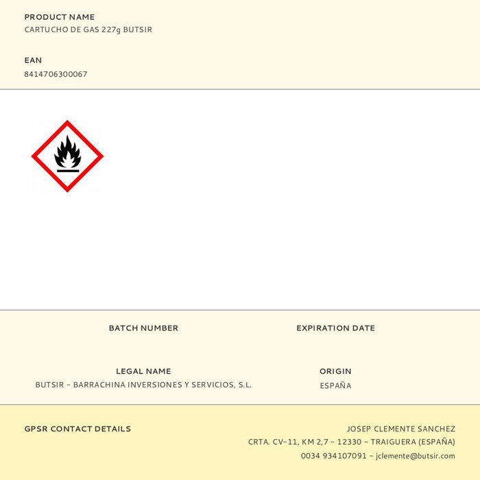 Butsir Cartucho de Gas 227 g Butano Azul 6,6x19,7 cm Normativa Europea
