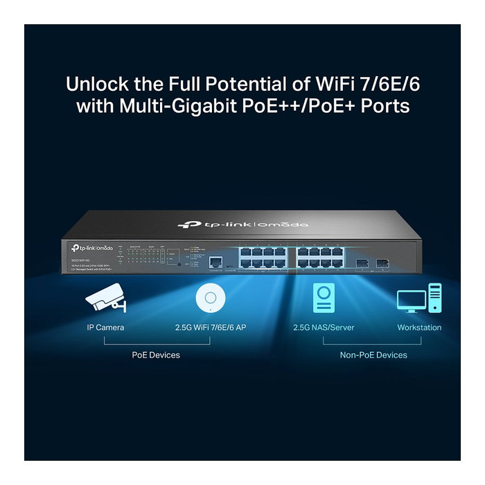 TP-Link Omada SG3218XP-M2 Switch Gestionado L2+ con 16 Puertos 2.5G y 2 SFP+ 10G, PoE 240W