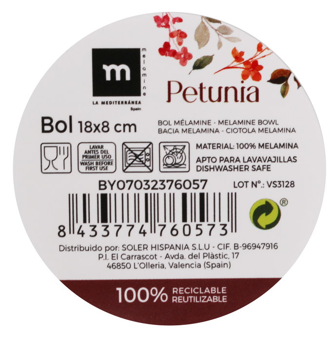 La Mediterranea Bol Melamina Petunia 18 cm x 8 cm Brillo (24 Unidades)