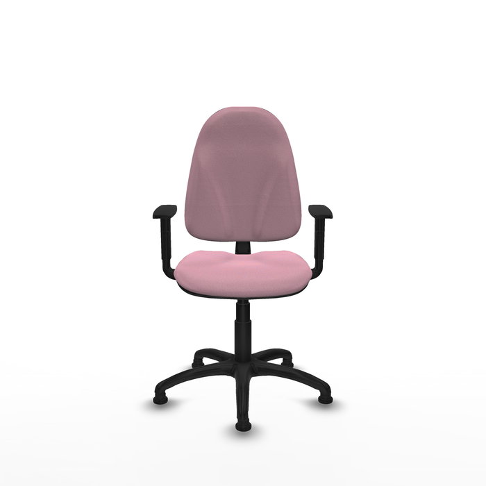 Silla de oficina Algarra con mecanismo Contacto permanente básico tapizada con Tela color Rosa. Equipada con Base poliamida negra, Brazos 1Dy Topes